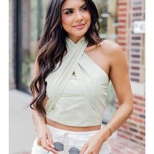 Pink Lily  On My Level Green Halter Neck Cropped Tank